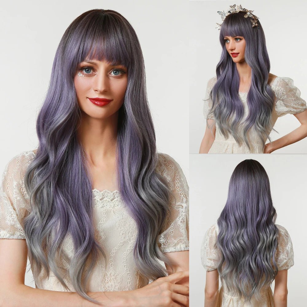 Heat - resistant wavy wig for easy styling at homeLong Wavy Purpley Grey Synthetic Wigs