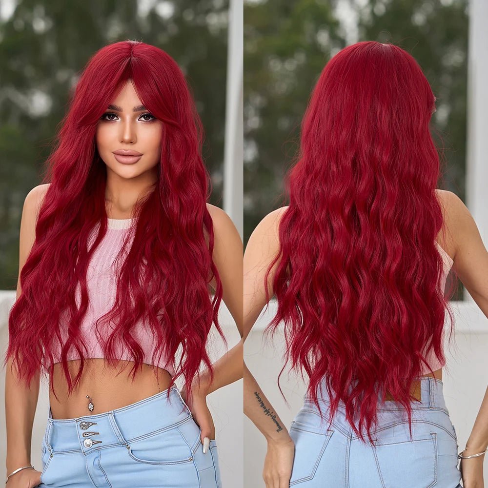 Wavy wig with a natural - looking root for a more realistic lookLong Wavy Red Wine Synthetic Wigs