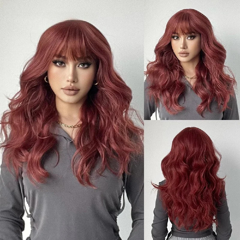 Wavy wig with a silk - base cap for a comfortable and smooth feelLong Curly Wine Red with Bangs Synthetic Wig