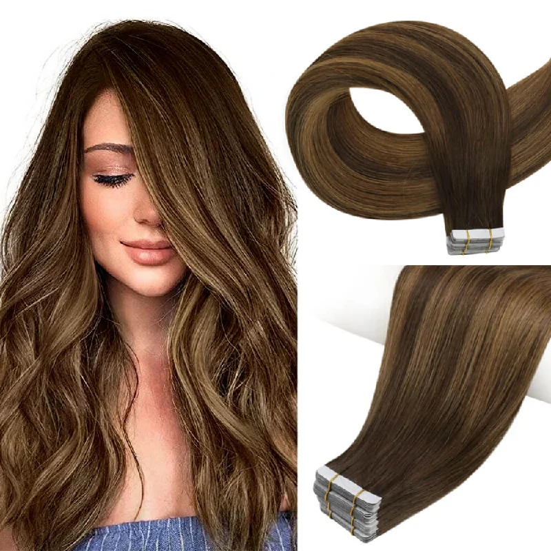 Synthetic clip - in hair extensions with a heat - resistant formula for easy stylingMoresoo Tape In Human Hair Extensions Virgin Brazilian Hair Brown Balayage Hair (#DU)