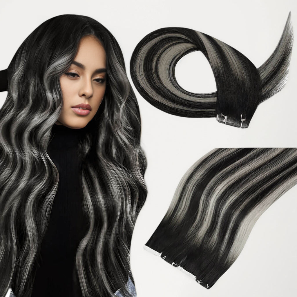 Clip - in hair extensions with a wavy texture for a beachy and relaxed lookMoresoo Tape In Extensions Real Brazilian Virgin Human Hair Balayage Silver(#1B/S/1B)