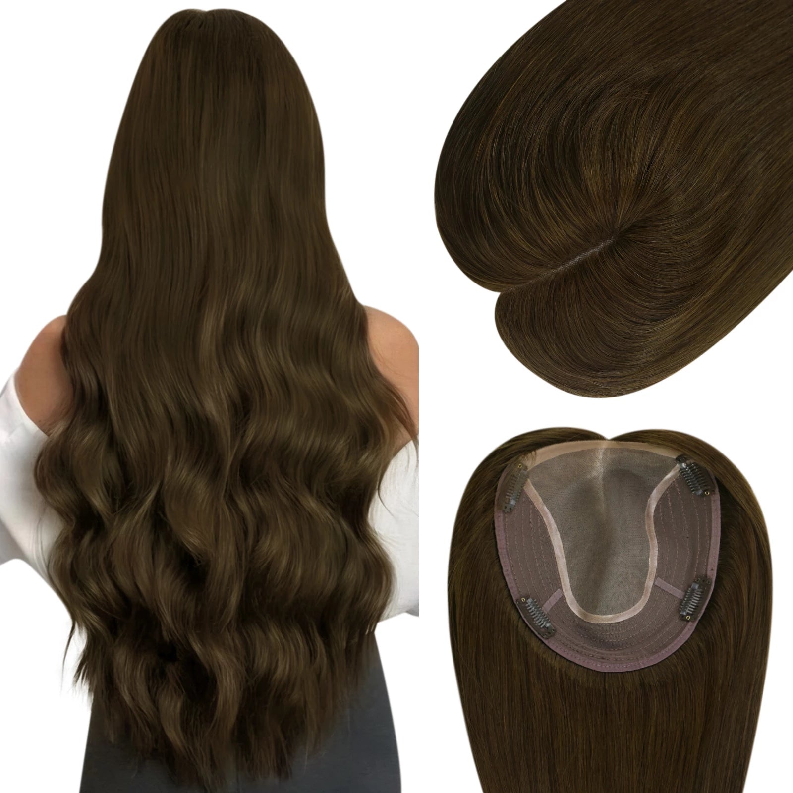 Clip - in hair extensions with a middle - part for a classic and elegant styleHair Toppers for Thin Hair 6*7 Virgin Hair Pieces Dark Brown #4