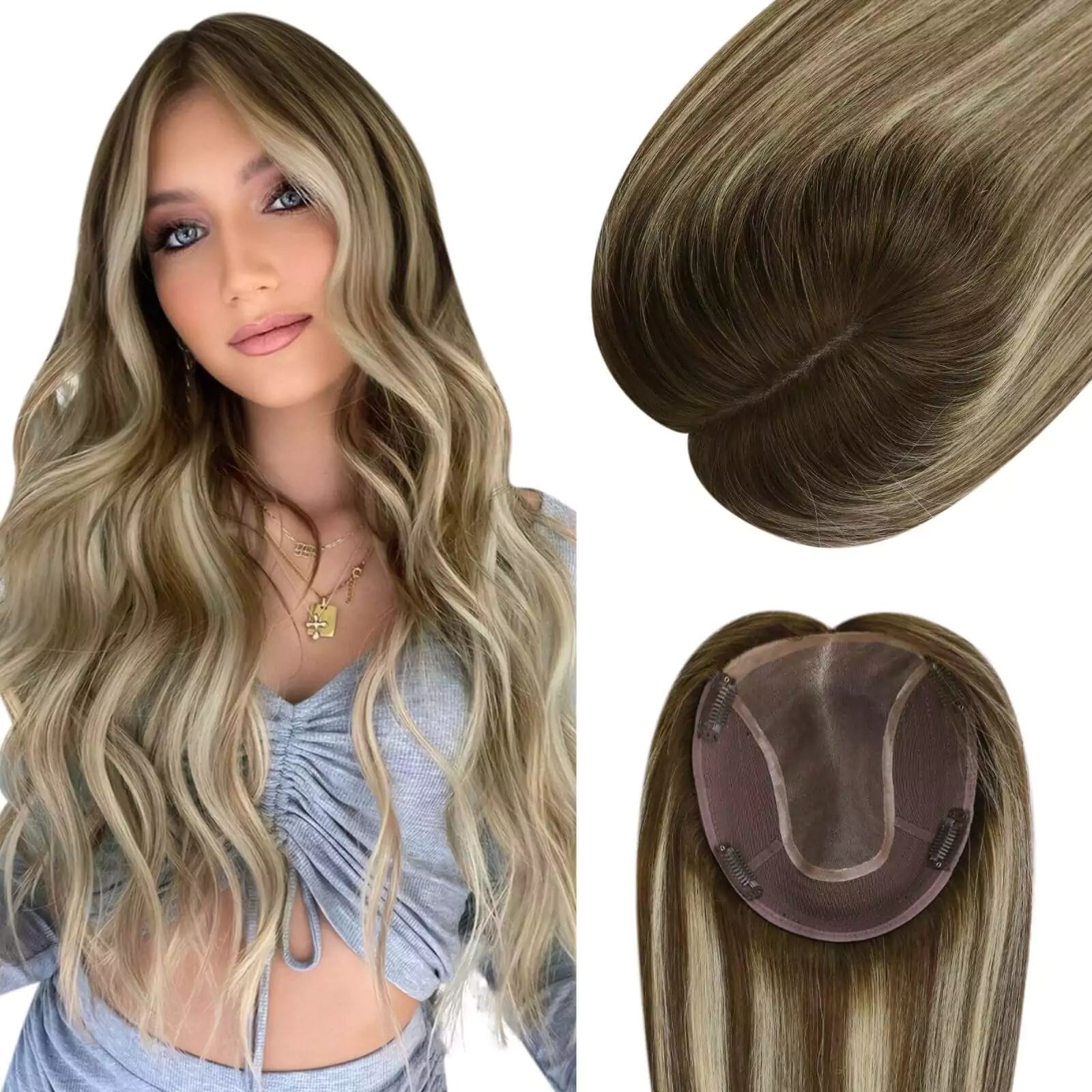 Clip - in hair extensions with a curly texture for a bold and stylish choiceBest Hair Toppers for Women 6*7 Virgin Hair Balayage Brown #4/27/4