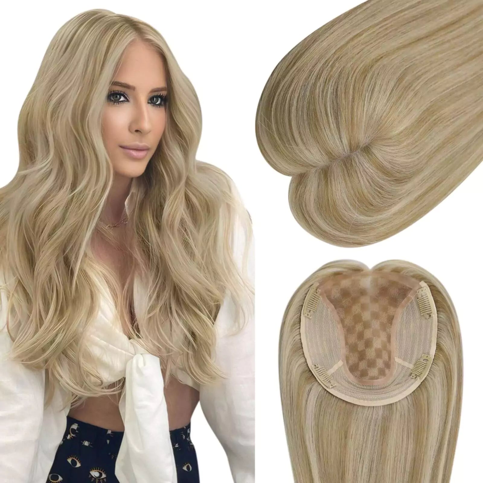 Clip - in hair extensions with a middle - part for a classic and elegant styleBest Human Hair Toppers Virgin Large Base Highlight Blonde #P16/22