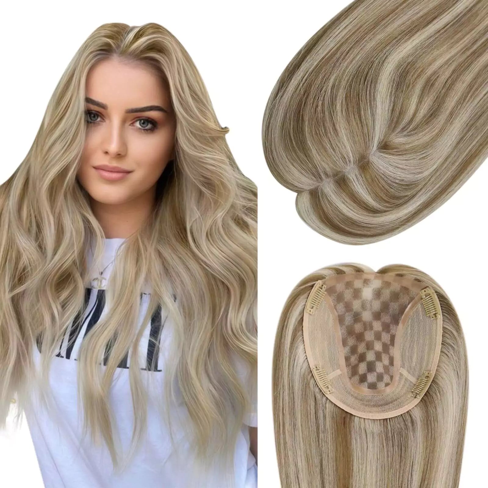 Clip - in hair extensions with a wispy fringe for a soft and feminine lookHuman Hair Toppers for Women 6*7 Virgin Hair Highlight Color #P8/60