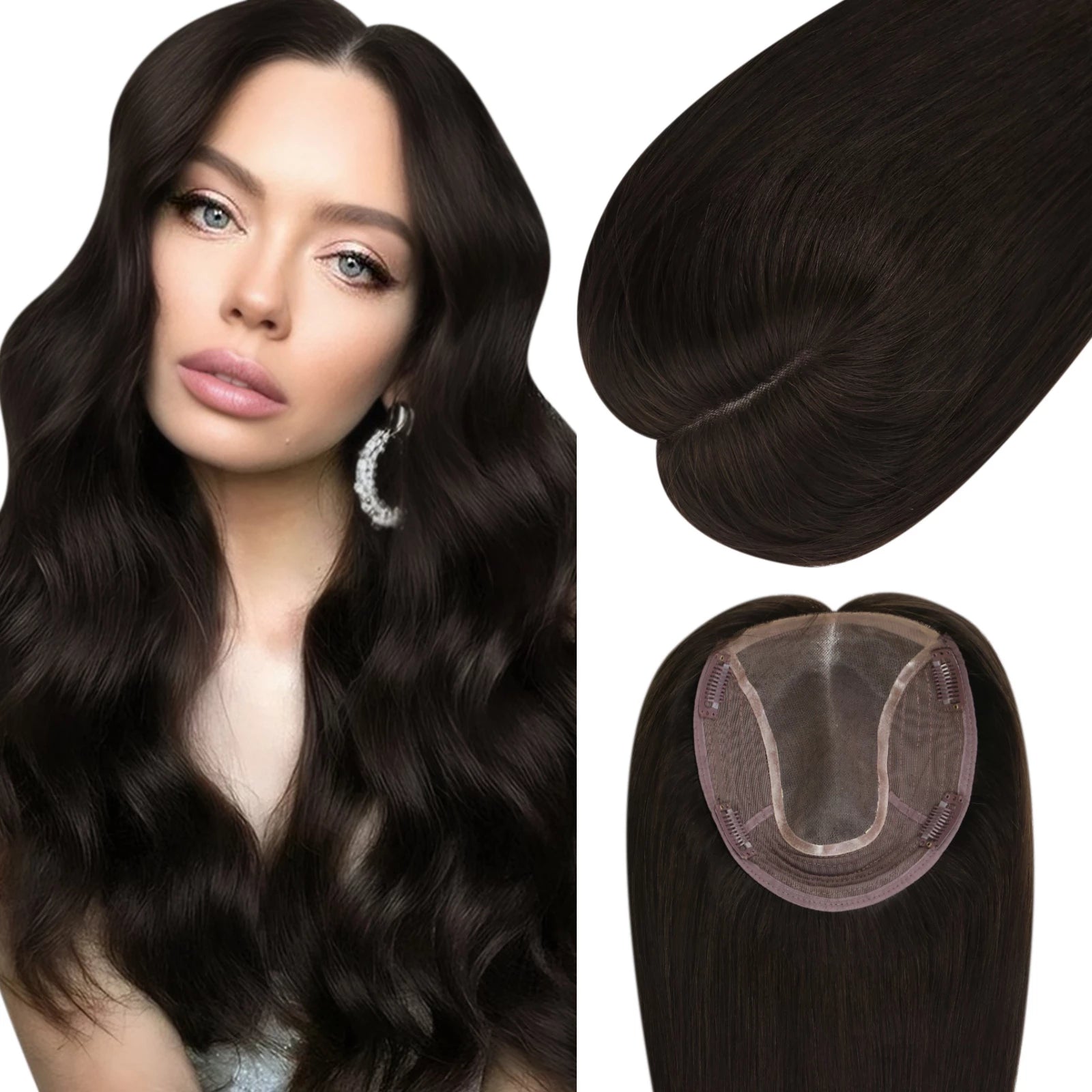 Human - hair clip - in hair extensions for a natural and luxurious lookBest Hair Topper Real Human Hair 6*7inch Virgin Hair Darkest Brown #2