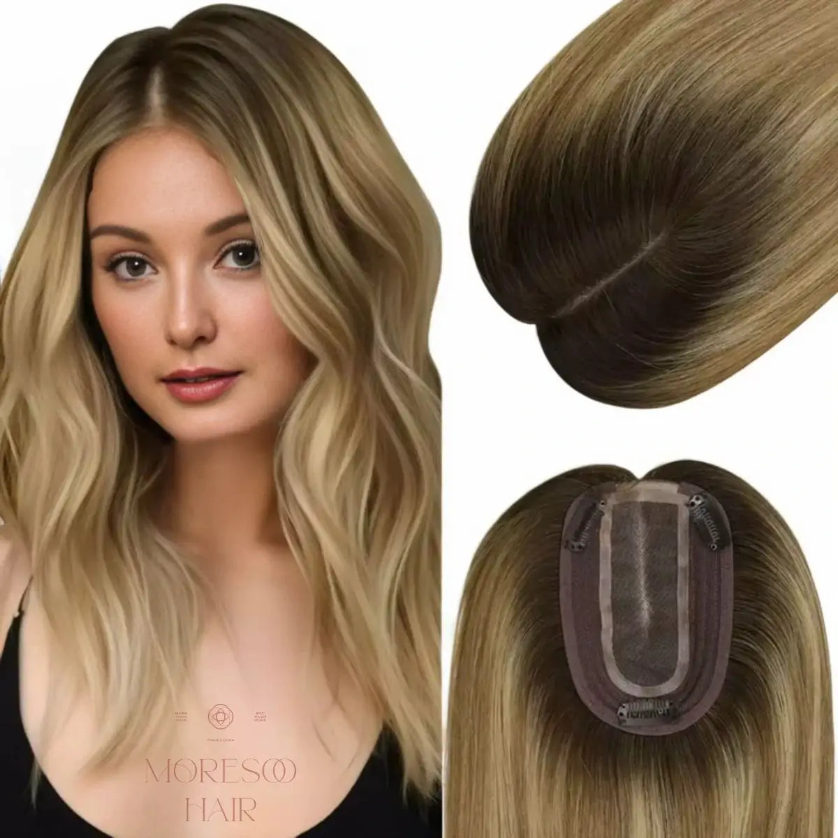 Clip - in hair extensions in a jet - black color for a classic and timeless appearanceMoresoo Hair Topper Virgin Hair Piece Topper Balayage Brown #3/8/22