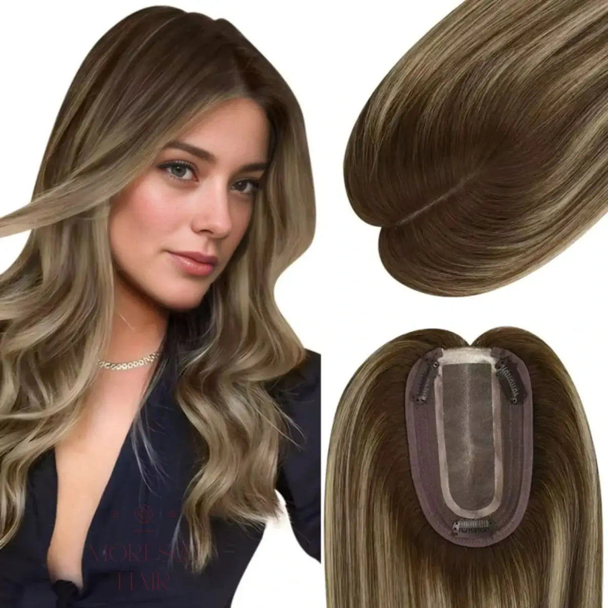 Human - hair clip - in hair extensions for a natural and luxurious lookVirgin Hair Topper Medium Base Balayage Brown Mixed Blonde #4/27/4