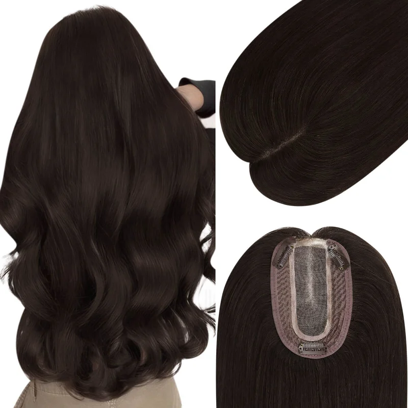 Clip - in hair extensions with a wavy texture for a beachy and relaxed lookMoresoo Mono Base Hair Topper Virgin Hair Pieces Darkest Brown #2