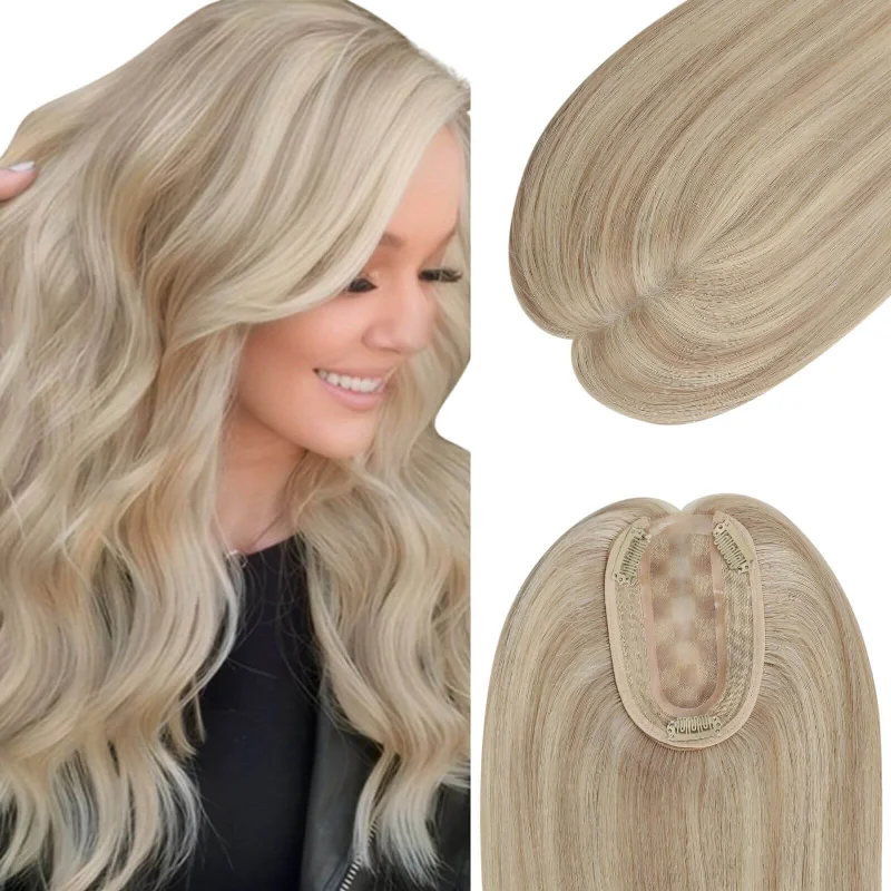 Clip - in hair extensions with a pre - bleMoresoo Virgin Hair Piece Topper Highlight Blonde Straight #18P613