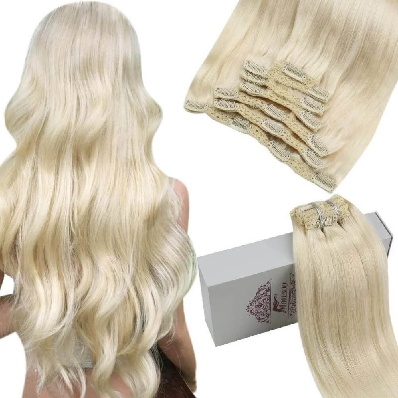 Clip - in hair extensions with a curly texture for a bold and stylish choiceMoresoo Remy Clip In Brazilian Human Hair Extension Platinum Blonde(#60)