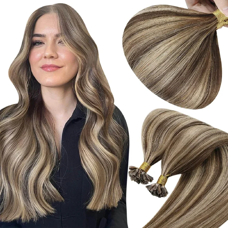 Clip - in hair extensions with a middle - part for a classic and elegant styleMoresoo U Tip Real Human Remy Hair Extensions Nail Tip Highlight Color(#P4/27)