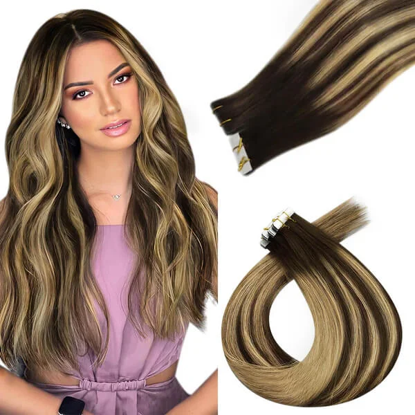 Clip - in hair extensions with a side - part for a more flattering lookMoresoo Virgin Injection Tape in Human Hair Extensions Balayage Brown(#BM)