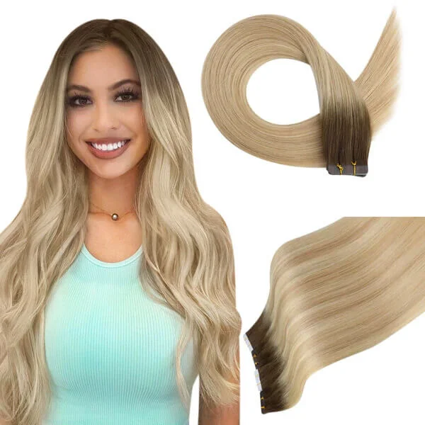 Clip - in hair extensions with a wavy texture for a beachy and relaxed look[New]Moresoo Virgin Tape In Hair Extensions 100% Brazilian Human Balayage Brown Hair (#2/18/22)