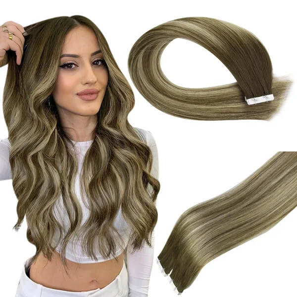 Synthetic clip - in hair extensions with a heat - resistant formula for easy styling[New]Moresoo Virgin Tape In Hair Extensions 100% Brazilian Human Balayage Brown Hair (#4/8/27/4)