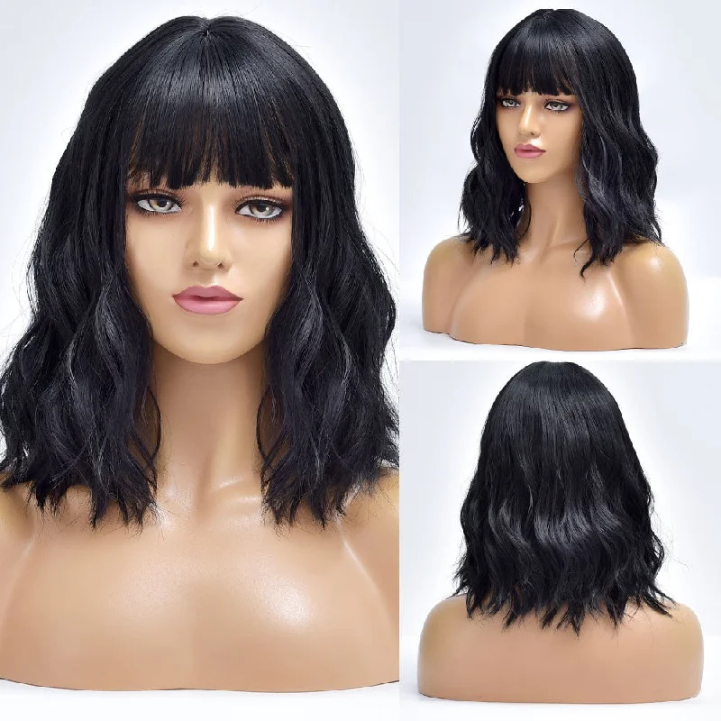 Wavy wig with a silk - base cap for a comfortable and smooth feelNatural Black Bob Synthetic Wig With Bangs