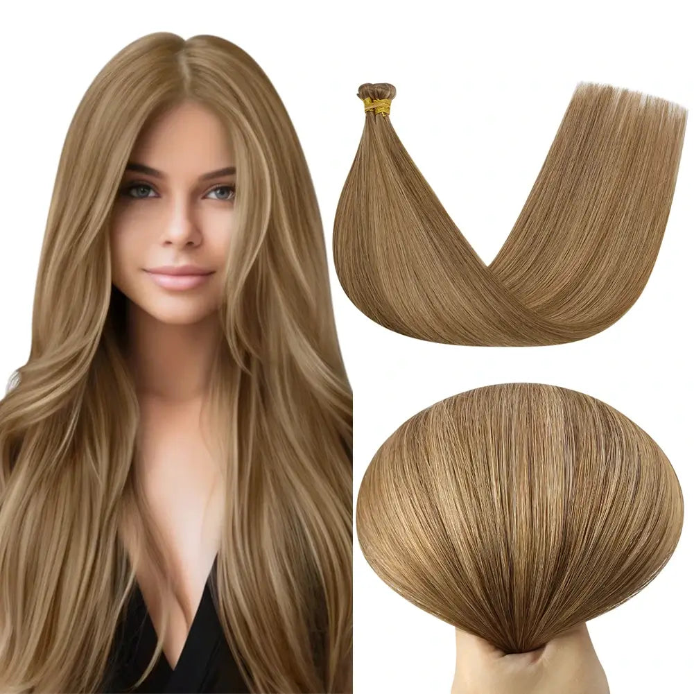 Synthetic clip - in hair extensions with a heat - resistant formula for easy styling[Sale]Moresoo Virgin Invisible Genius Weft Brazilian Human Hair Bundles Chestnut Brown(#P6/10)