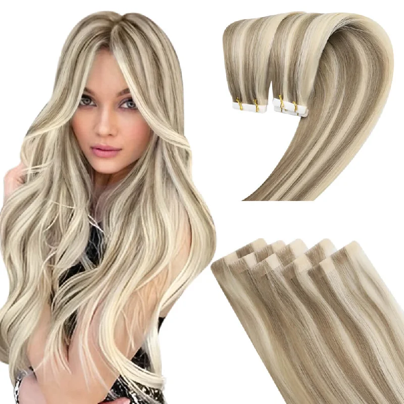 Clip - in hair extensions with a pre - ble[New]Moresoo Tape in Hair Extension Virgin Seamless Inject Hair Highlight Blonde(#P8/60)