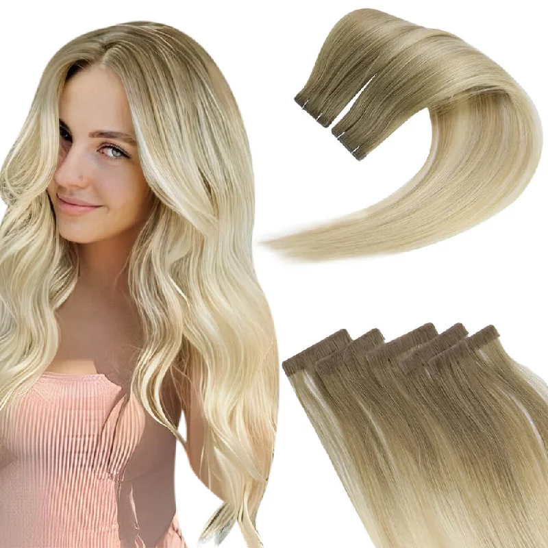 Clip - in hair extensions with a side - part for a more flattering look[New]Moresoo Virgin Injection Tape in Human Hair Extensions Balayage Blonde (#8/27/60)