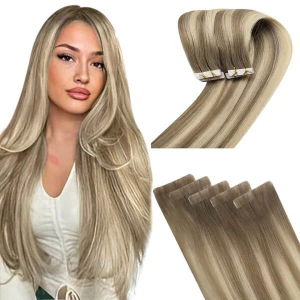 Clip - in hair extensions with a middle - part for a classic and elegant style[New]Moresoo Virgin Injection Tape in Human Hair Extensions Balayage Blonde (#8/8/613)