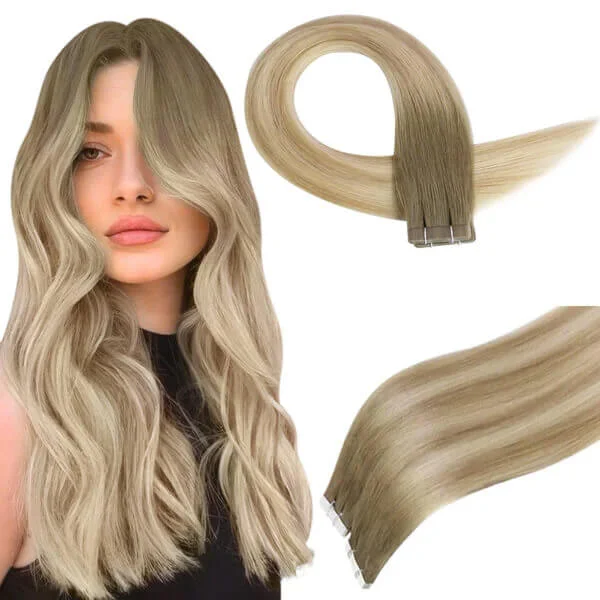 Human - hair clip - in hair extensions for a natural and luxurious look[New]Moresoo Virgin Tape In Hair Extensions 100% Brazilian Human Balayage Blonde Hair (#8/27/60)