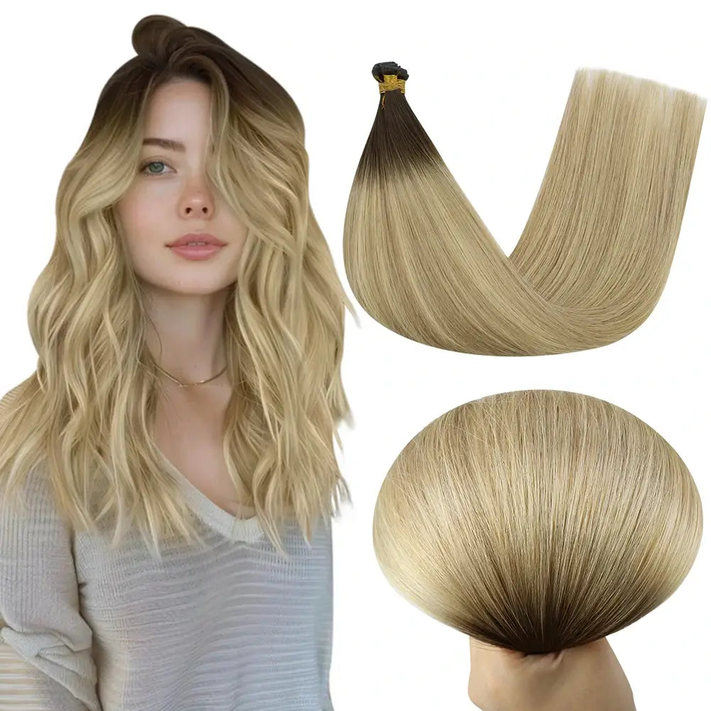 Clip - in hair extensions with a side - part for a more flattering look[New] Virgin Invisible Genius Weft  Human Hair Bundles (#2/18/22)