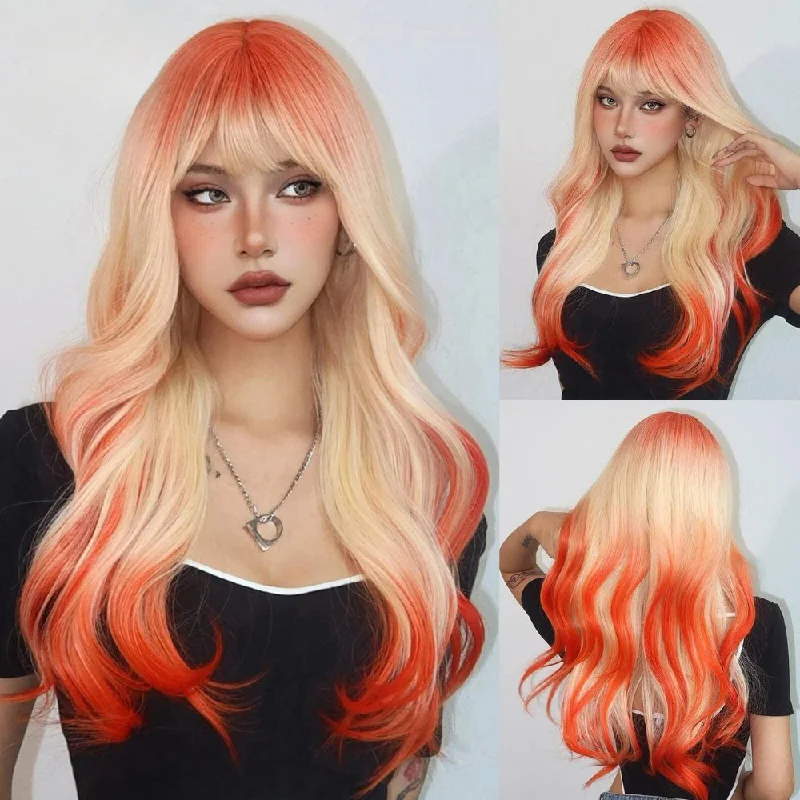 Wavy wig with a pre - bleached knot for a natural - looking scalpOrange Blonde Ombre Synthetic Wigs