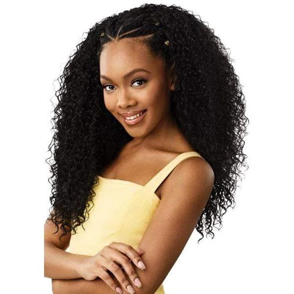 Half wig in a jet - black color for a classic appearanceOutre Converti Cap Synthetic Hair Wig - CURLY K.O