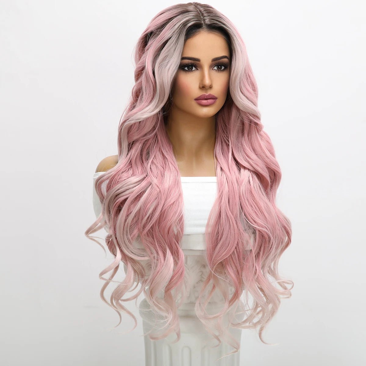 Heat - resistant wavy wig for easy styling at homePink and White Lace Front Wig