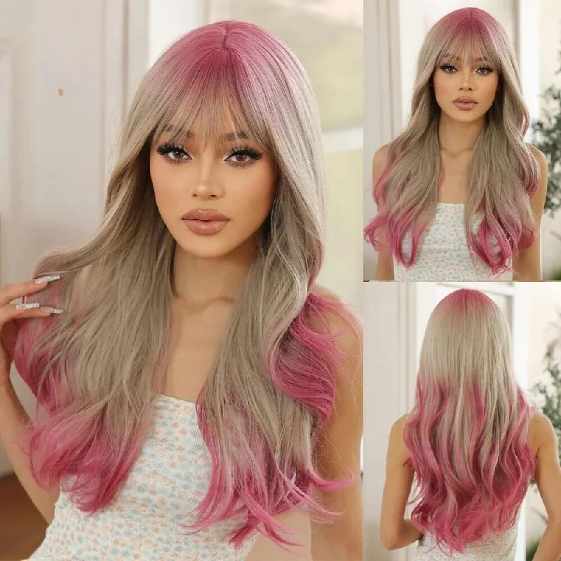 Wavy wig with a wavy bang for a trendy and modern stylePink Grey Ombre Synthetic Wigs