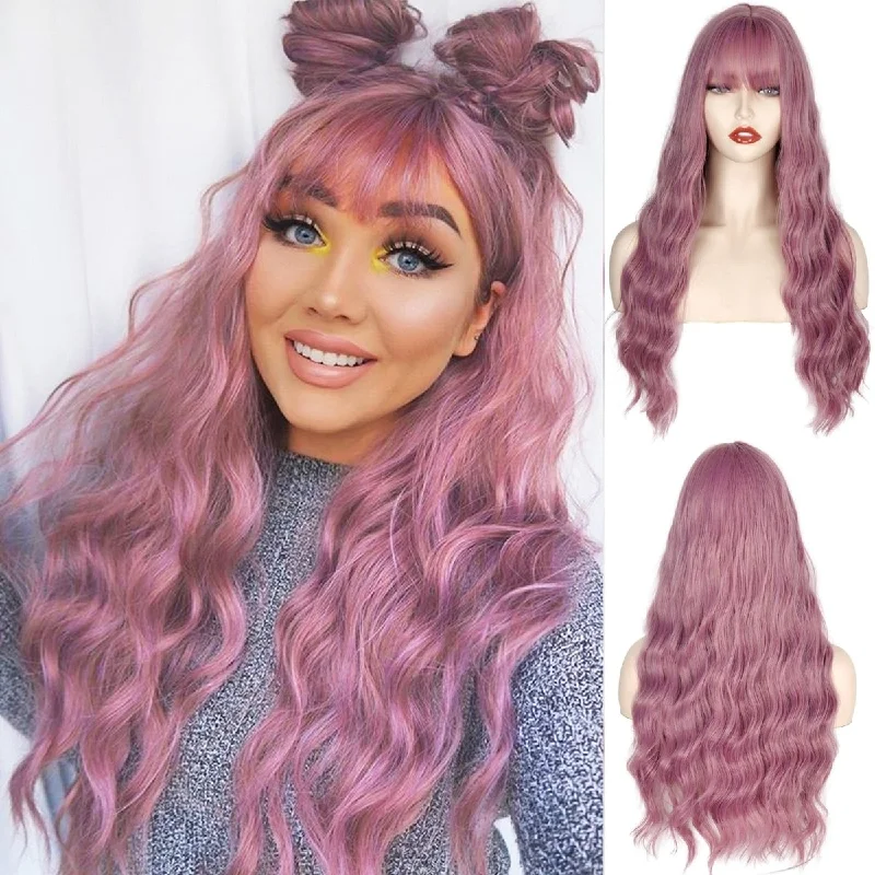 Lace - front wavy wig for a realistic hairlinePink Long Wavy Synthetic Wig