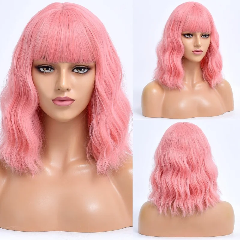 Wavy wig with a middle - part for a classic and elegant stylePink Short Bob Synthetic Wig With Bangs