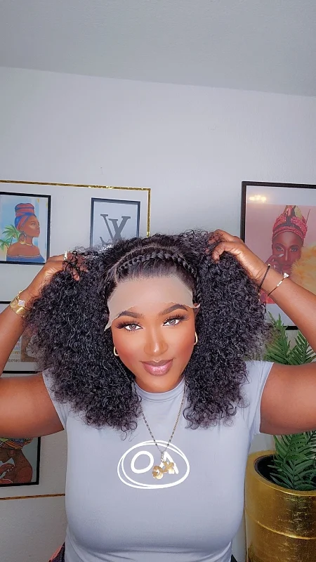 Human - hair curly wig with a bouncy and natural movementPissy Frontal Wig with 2 cornrows