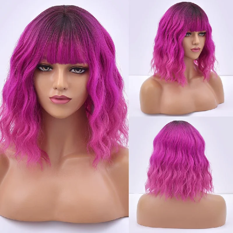 Wavy wig with a pre - styled curl pattern for conveniencePurple Short Bob Synthetic Wig With Bangs