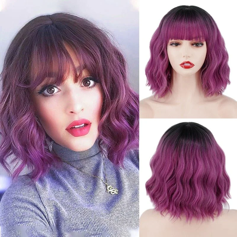 Synthetic wavy wig with a heat - friendly formulaPurple Wavy Short Bob Synthetic Wigs