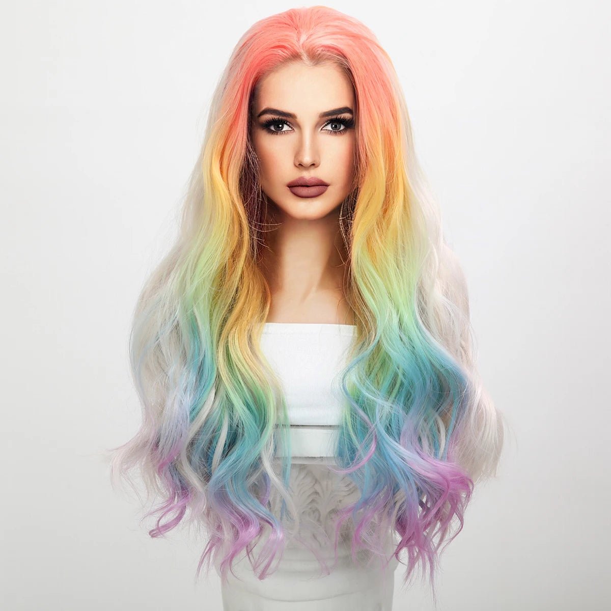 Ombre wavy wig with a seamless color blendRainbow Gradient Curly Lace Front Wig