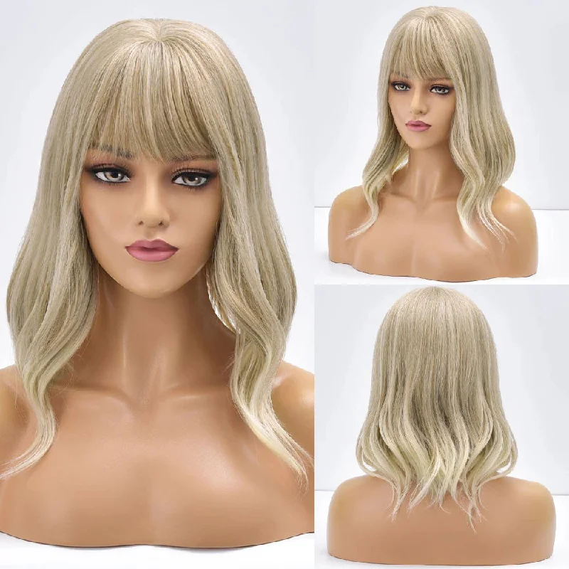 Body - wave wig with a full and voluminous lookShort Bob Blonde Synthetic Wig With Bangs