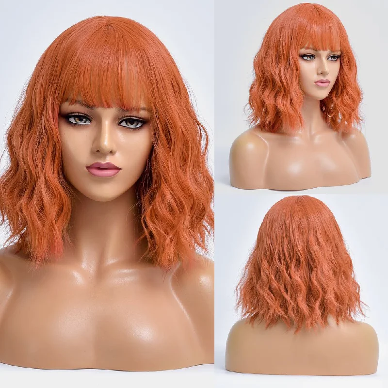 Wavy wig with a pre - bleached knot for a natural - looking scalpShort Bob Ginger Synthetic Wig With Bangs