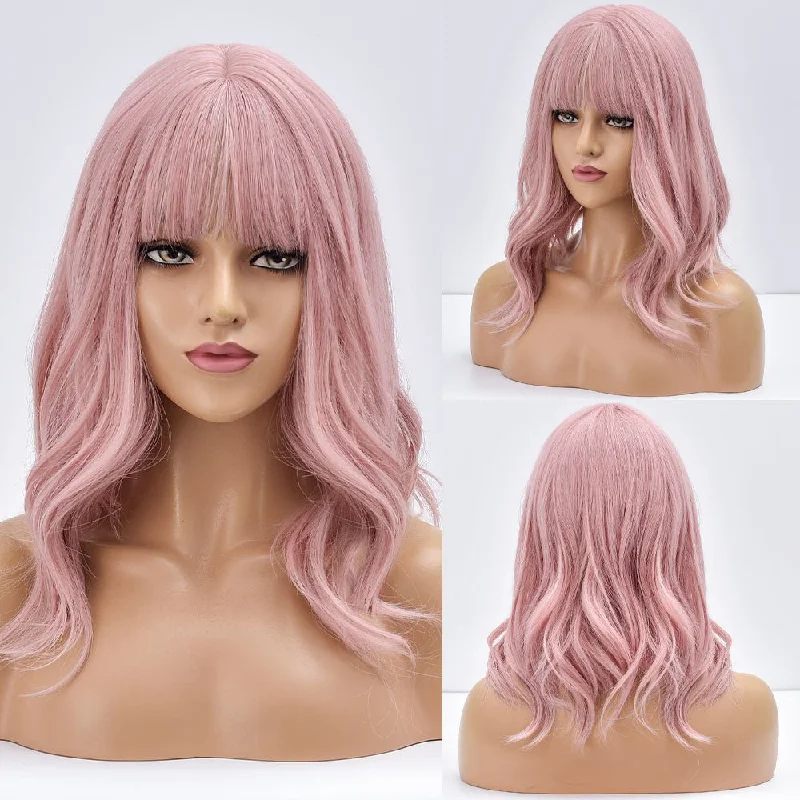 Wavy wig with a 180 - density for a full and thick appearanceShort Bob Pink Synthetic Wig With Bangs