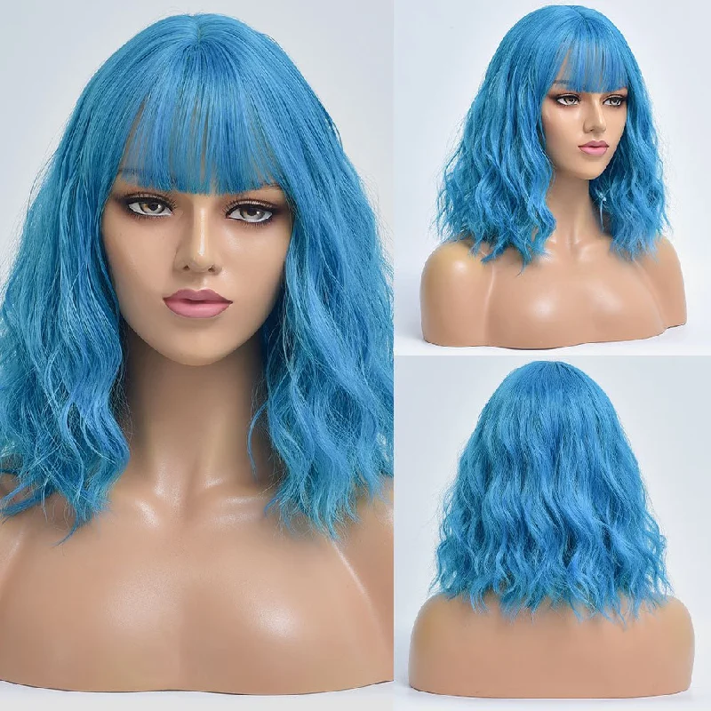 Long - length wavy wig with loose waves for a glamorous lookShort Bob Synthetic Blue Wig With Bangs