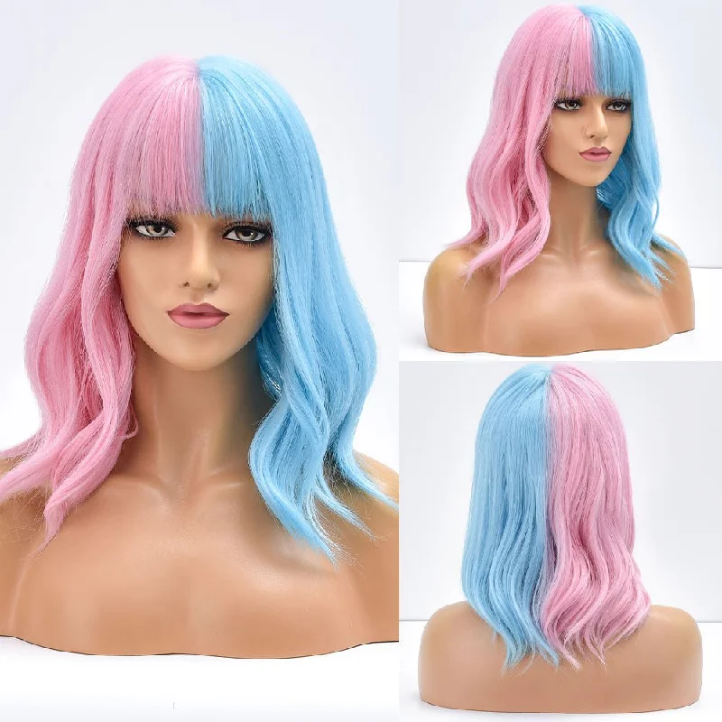 Wavy wig with a side - part for a more flattering lookShort Pink Blue Synthetic Wig With Bangs