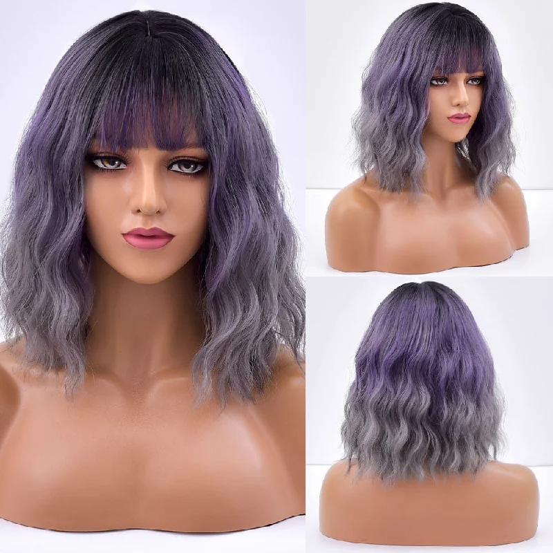 Wavy wig with a 180 - density for a full and thick appearanceShort Bob Synthetic Wig With Bangs