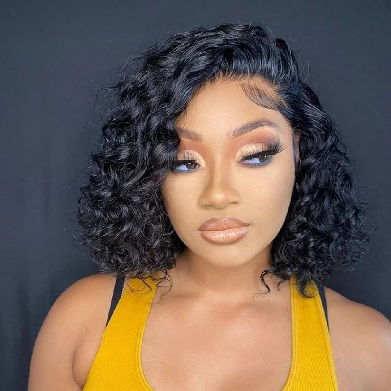 Curly wig with a side - part for a more flattering lookDeep Wave Short Curly Bob - Lace Front Human Hair Wig