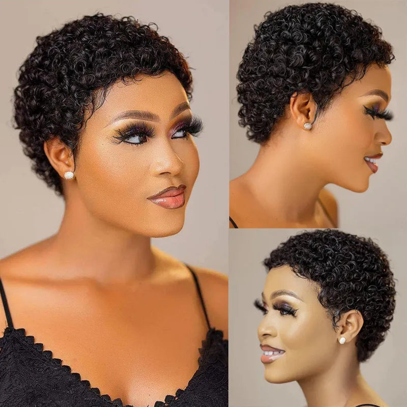 Curly wig with a honey - blonde color for a warm and sunny appearanceShort Human Hair Pixie Cut Kinky Hair Wig