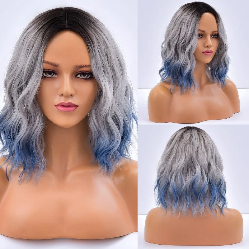 Wavy wig with a water - wave texture for a unique and stylish choiceShort Ombre Grey Synthetic Wig With Bangs