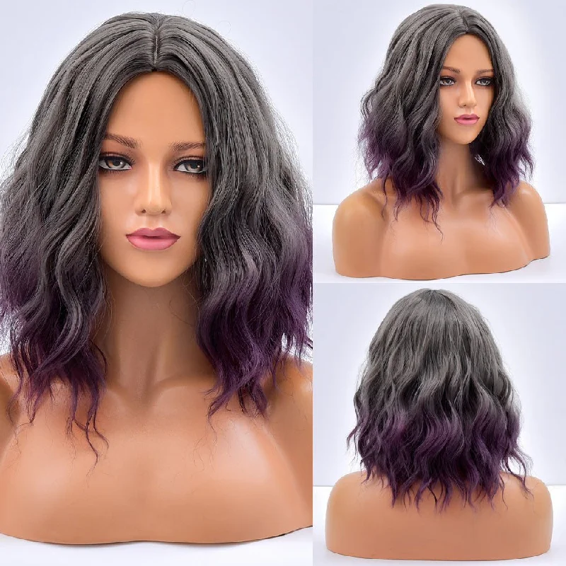 Ombre wavy wig with a seamless color blendShort Synthetic Purple Grey Wig With Bangs