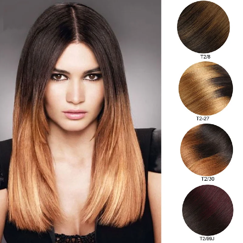 Clip - in hair extensions in a jet - black color for a classic and timeless appearanceStraight Clip-in Ombre Dark Brown With Copper Red Virgin Human Hair Extension