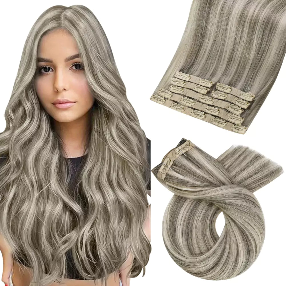 Clip - in hair extensions with a middle - part for a classic and elegant style[Sale]Straight Clip in 100% Virgin Human Hair Extensions Highlight Color #1CC/80/60