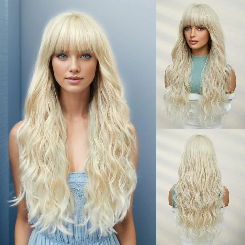 Virgin - human - hair curly wig for the highest qualitySynthetic Hair Heat Resistant Wavy Platinum Blonde Wig With Bangs