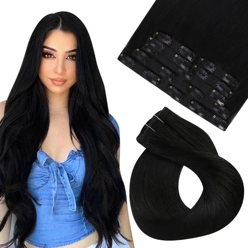 Clip - in hair extensions with a curly texture for a bold and stylish choice[NEW]Clip On Hair Extensions Real Human Hair Black Hair Extensions Cip In Virgin #1